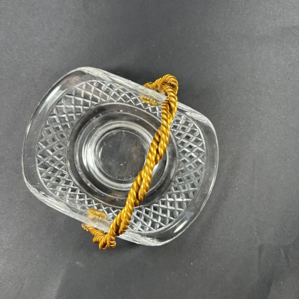 Mid Century Cut Crystal Basket Dish, Roped Brass Handle, Candy Trinket Bowl, VTG